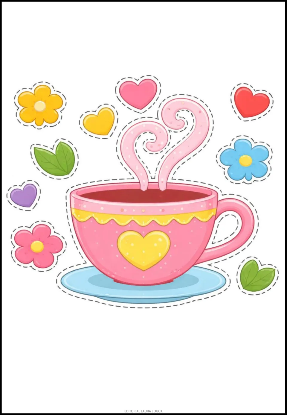 Mother's Day classroom decor cutouts: a pink teacup on a blue saucer, with steam, hearts, flowers, and leaves