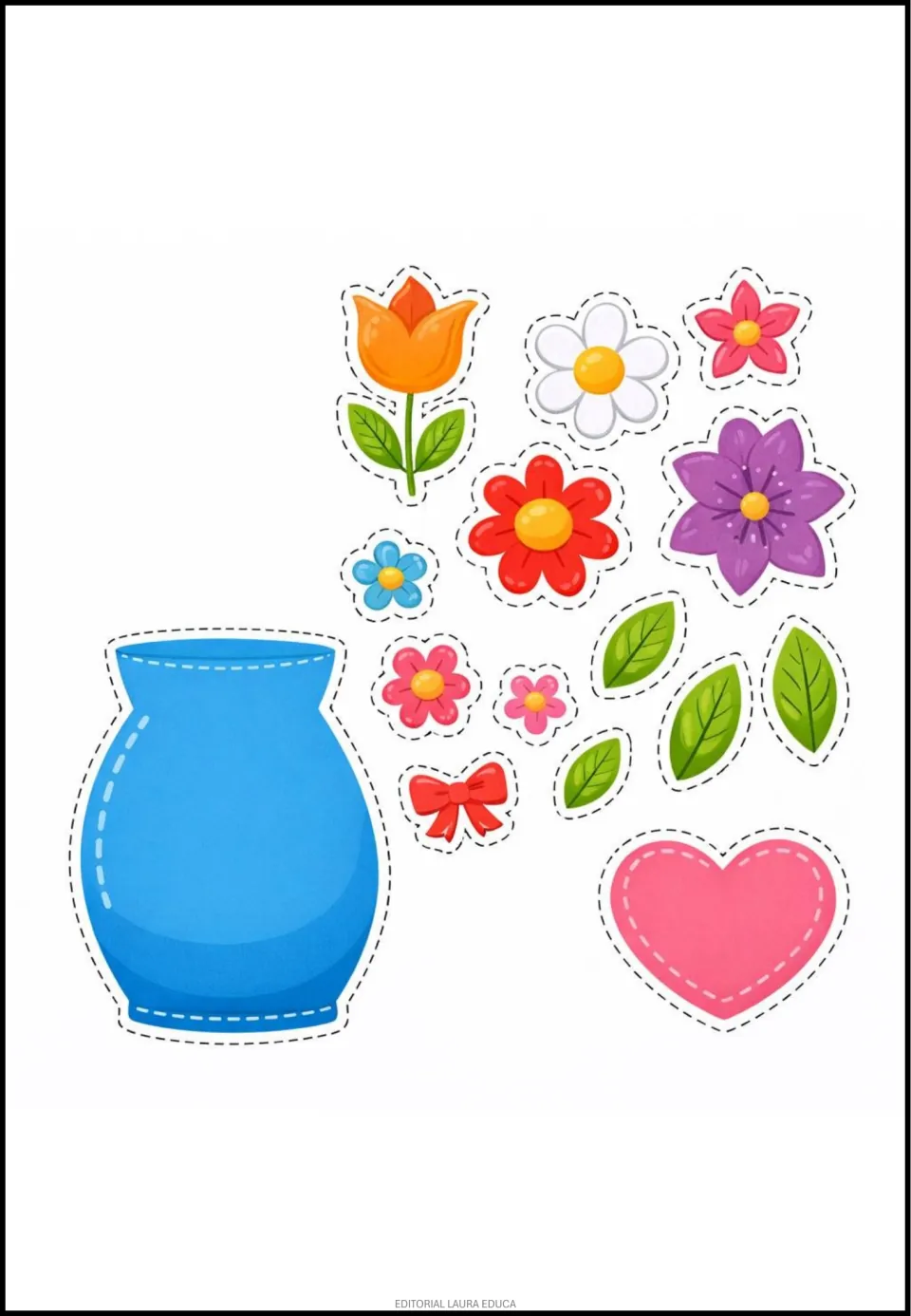 Mother's Day classroom decor cutouts: a blue vase, eight flowers, four leaves, a red bow, and a pink heart