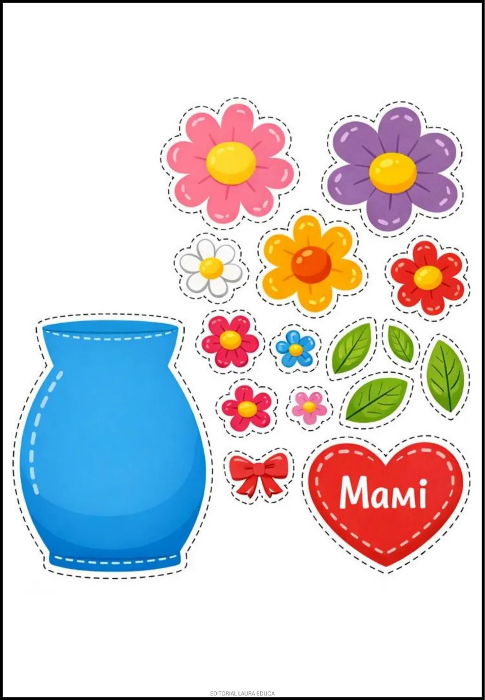 Mother's Day classroom decor cutouts: a blue vase, flowers, leaves, a bow, and a heart labeled 'Mami' (Mommy)