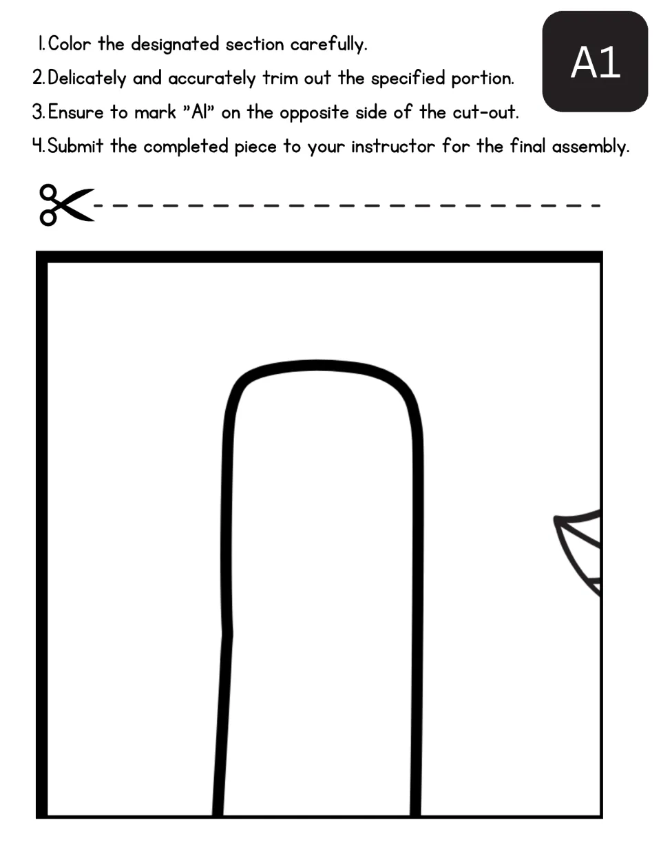 Mother's Day poster cut-out piece A1: students color a tall rounded outline shape, cut it out and write A1 on the back