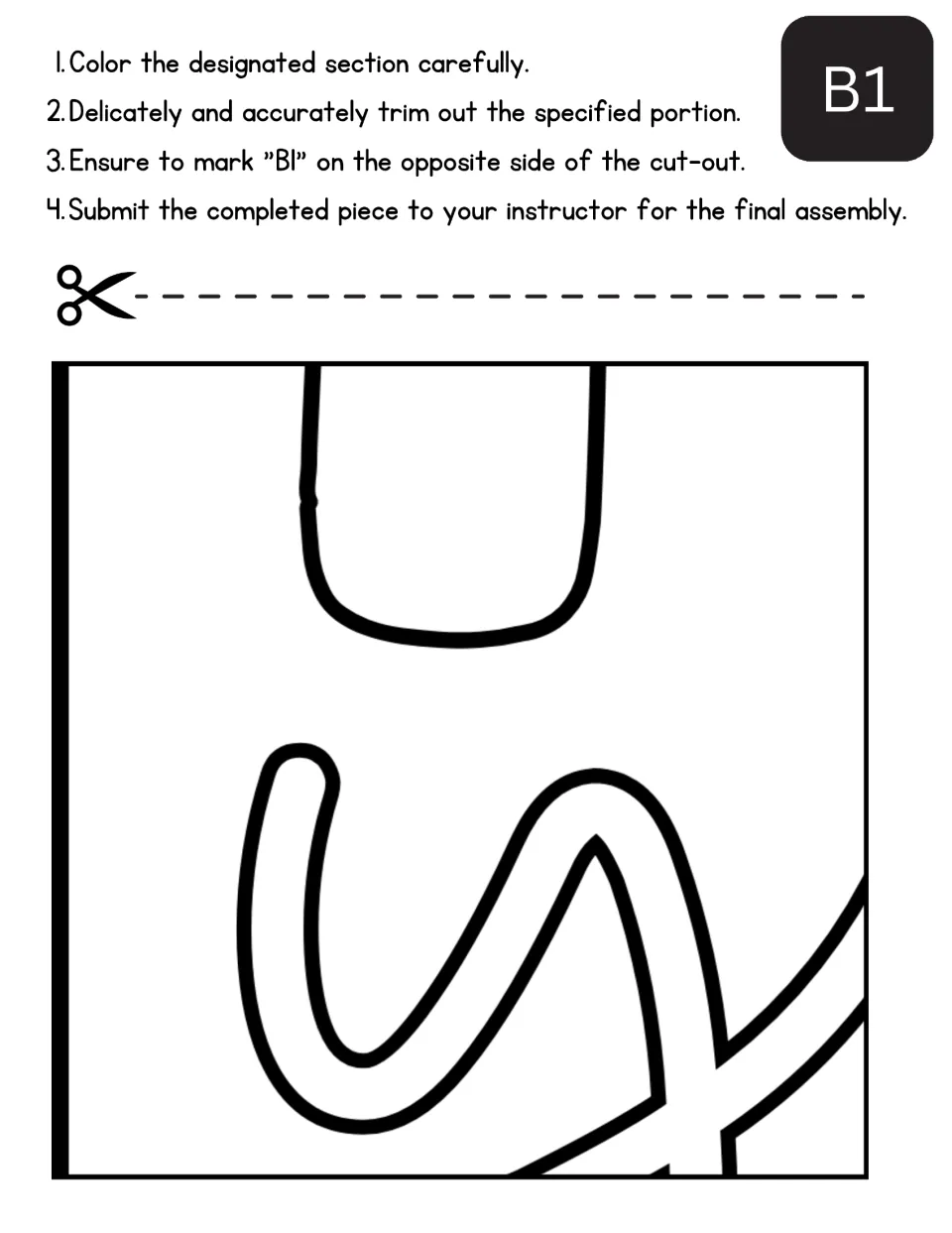 Mother's Day poster cut-out piece B1: students color a rounded shape end and looping script outlines, then cut it out