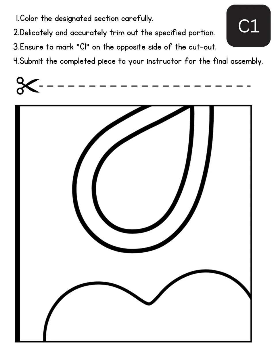 Mother's Day poster cut-out piece C1: students color a curved teardrop loop and a wavy outline, cut it out and label it