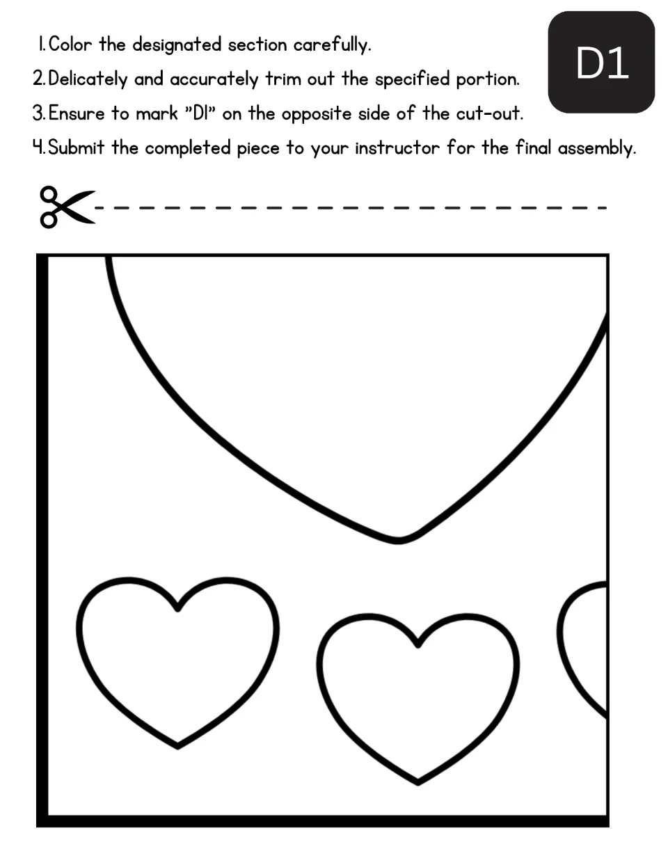 Mother's Day poster cut-out piece D1: students color part of a large heart and a row of small hearts, then cut it out