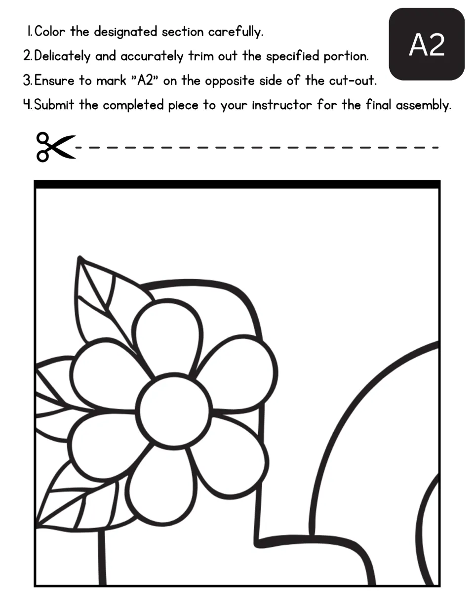 Mother's Day poster cut-out piece A2: students color a five-petal flower with leaves beside letter outlines, then cut it