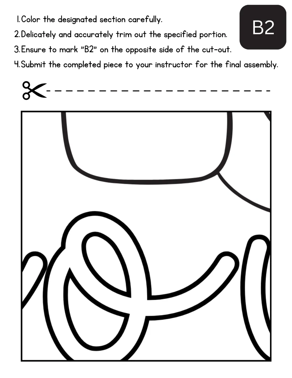 Mother's Day poster cut-out piece B2: students color looping script outlines below a rounded shape and trim the piece