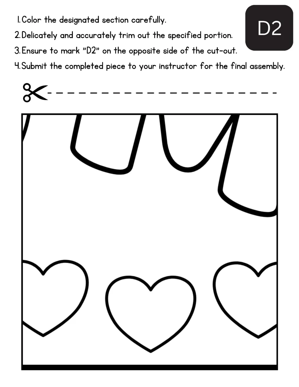 Mother's Day poster cut-out piece D2: students color three small hearts below rounded letter ends, then cut the square