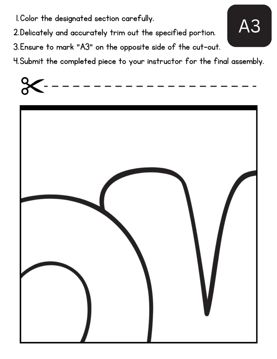 Mother's Day poster cut-out piece A3: students color bold curved outlines with a pointed V shape, then cut and label it