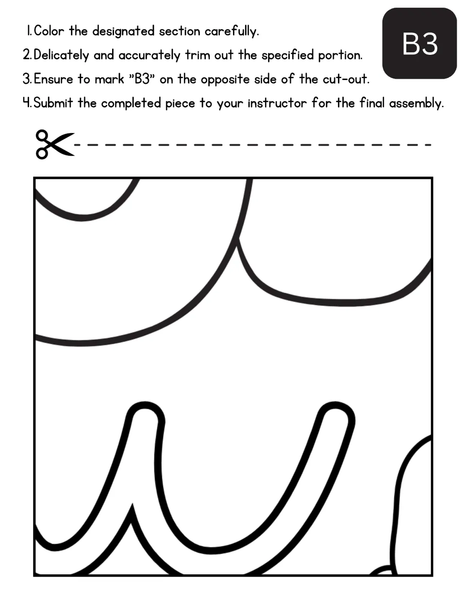 Mother's Day poster cut-out piece B3: students color rounded shapes above a looping script w-shaped stroke, then cut it
