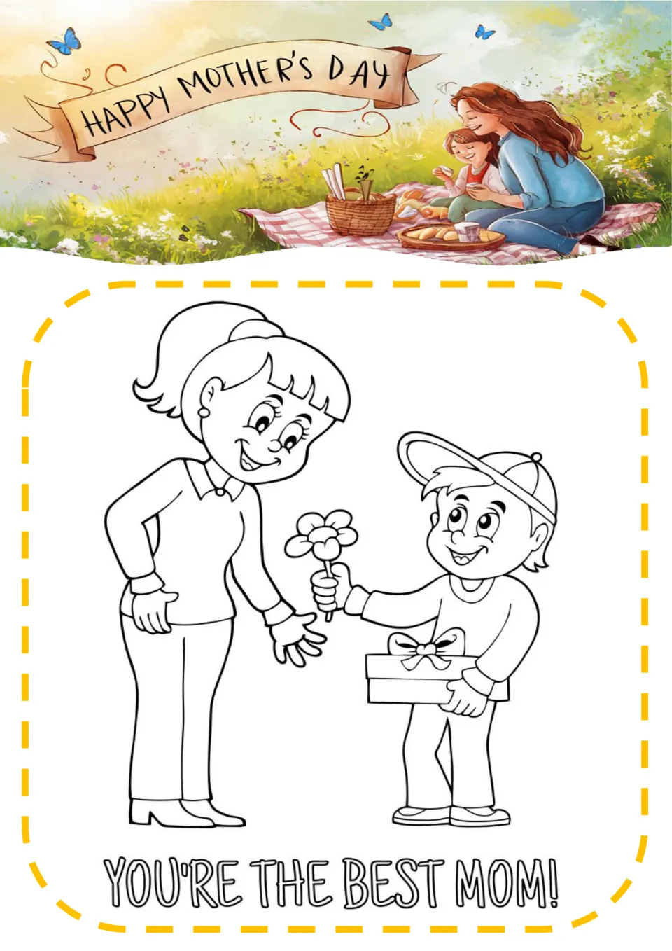 Mother's Day coloring page: a boy in a cap gives his mom a flower and a gift box above the words You're the Best Mom!