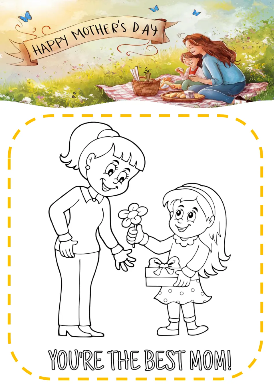 Coloring page of a girl handing her mother a flower and a wrapped present, with You're the Best Mom! lettered below