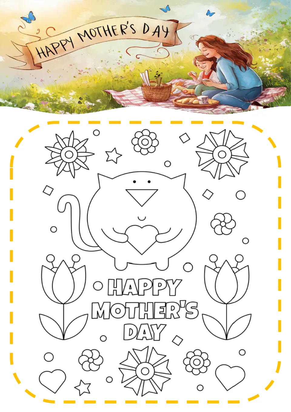 Happy Mother's Day coloring sheet: a round cat holding a heart, framed by tulips, flowers, stars and hearts to color