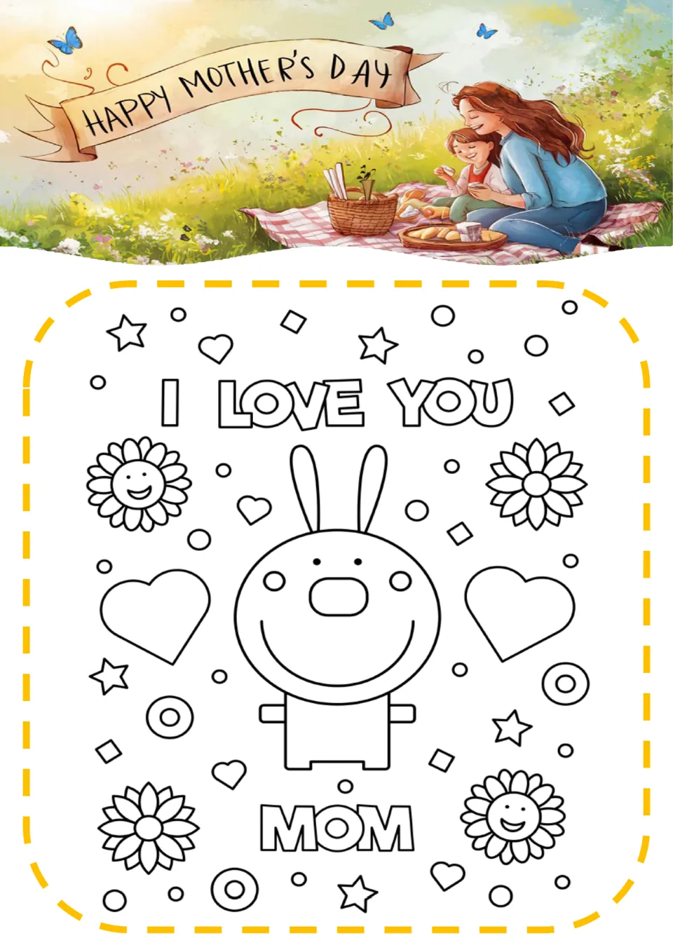 I Love You Mom coloring sheet: a smiling bunny surrounded by hearts, stars and smiling sunflowers for students to color