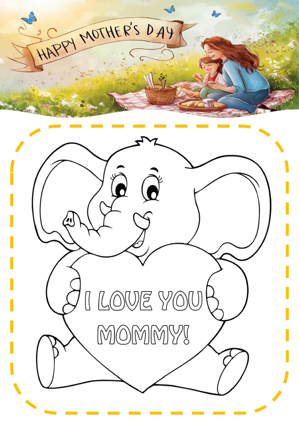 I Love You Mommy! coloring page: a cartoon elephant hugs a big heart with the message written in outline letters