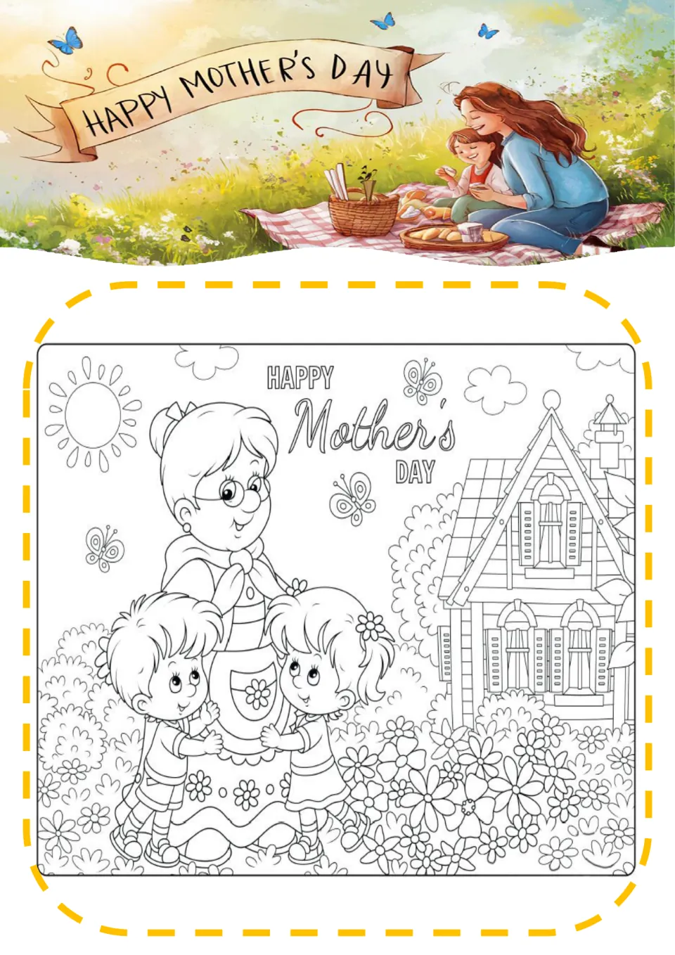 Happy Mother's Day scene to color: a mom in glasses and an apron hugs two children in a flower garden beside a house