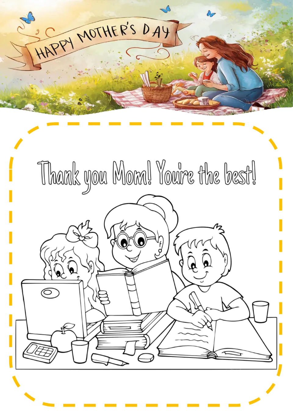 Thank you Mom! You're the best! coloring page: a mom reads a book as a girl uses a laptop and a boy writes at a desk