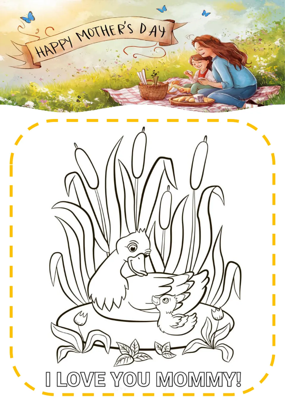 Mother duck and duckling on a pond among cattails and tulips, with I Love You Mommy! lettered below for coloring