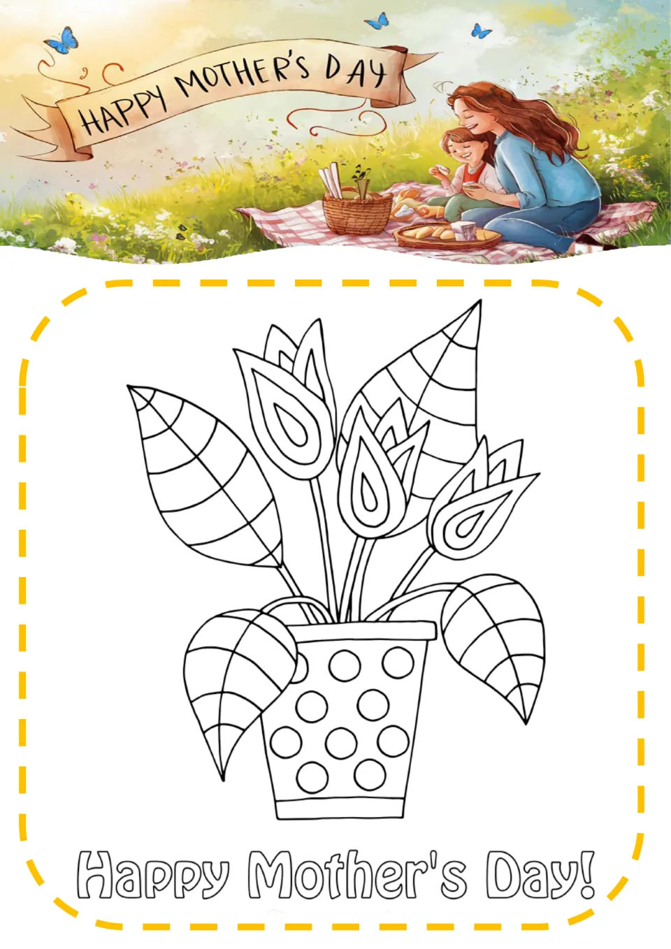 Happy Mother's Day! coloring page of tulips and striped leaves in a polka-dot flowerpot, ready for crayons or markers