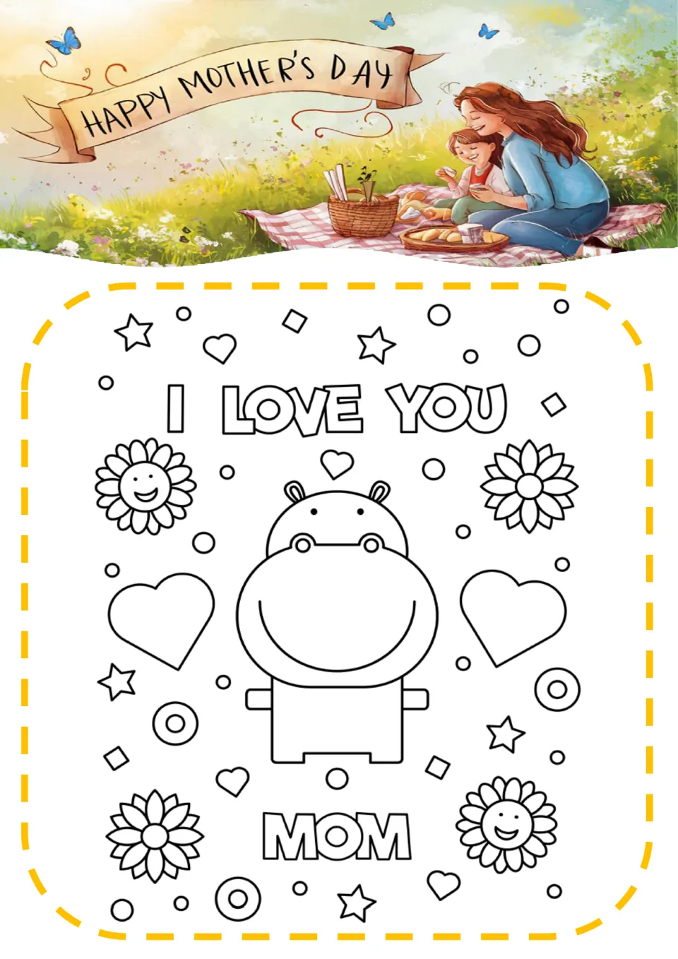 I Love You Mom coloring sheet with a smiling hippo in the center, ringed by hearts, stars, circles and sunflowers