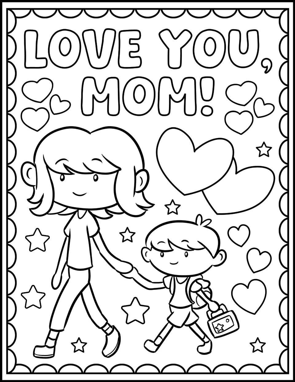 "Love You, Mom!" coloring page: students color a mother walking hand in hand with her son, plus hearts and stars