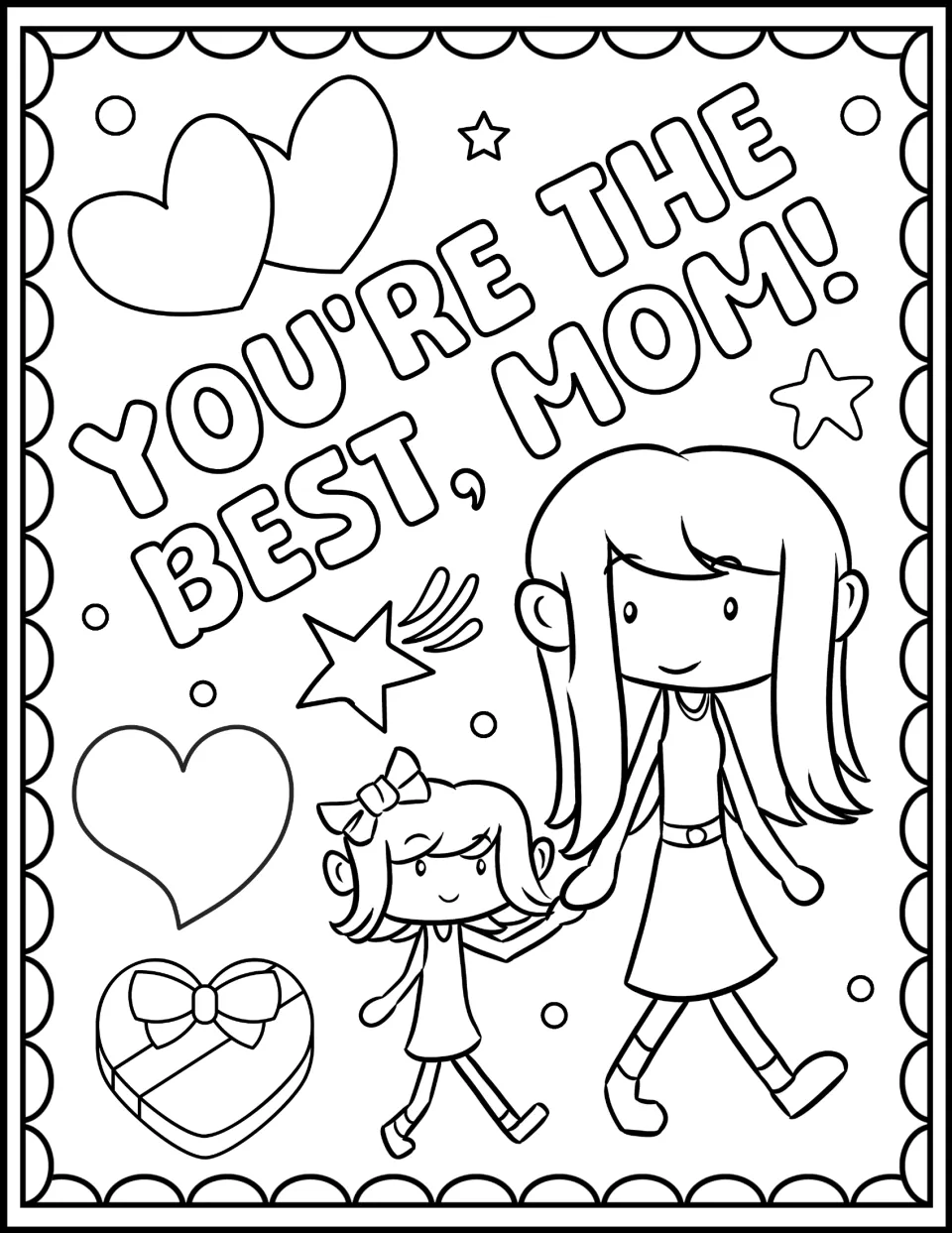 "You're the Best, Mom!" page to color showing a mother and daughter holding hands, hearts, a shooting star and a gift box