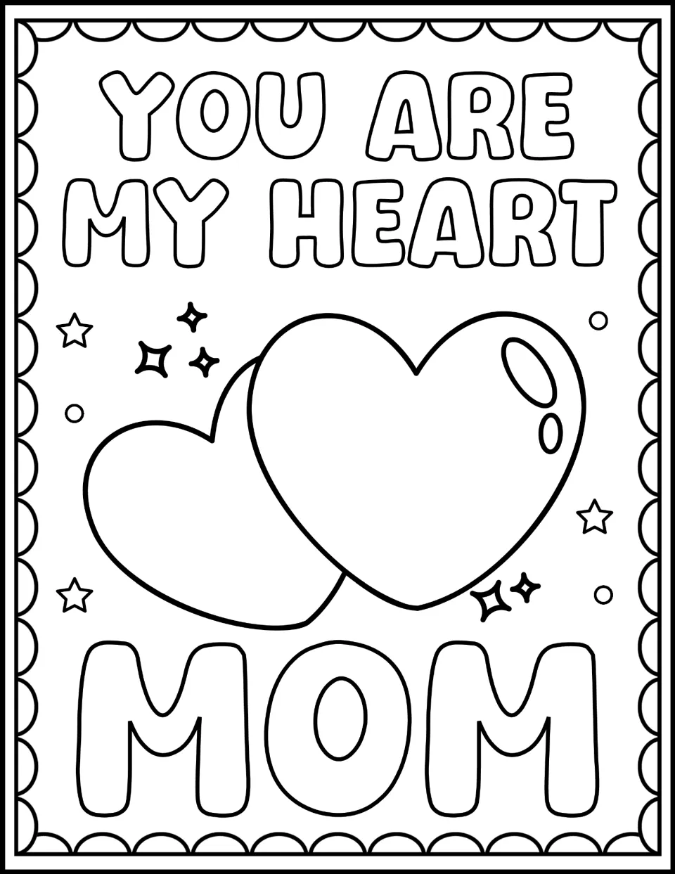 "You Are My Heart Mom" in bold outline letters for students to color around two overlapping hearts and sparkles
