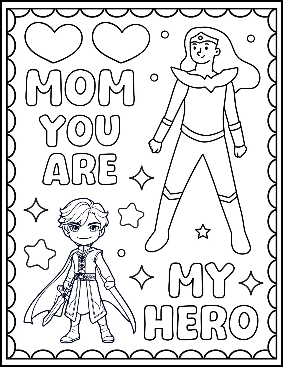 "Mom You Are My Hero" coloring art featuring a superhero mom in a tiara and a boy in a cape holding a sword