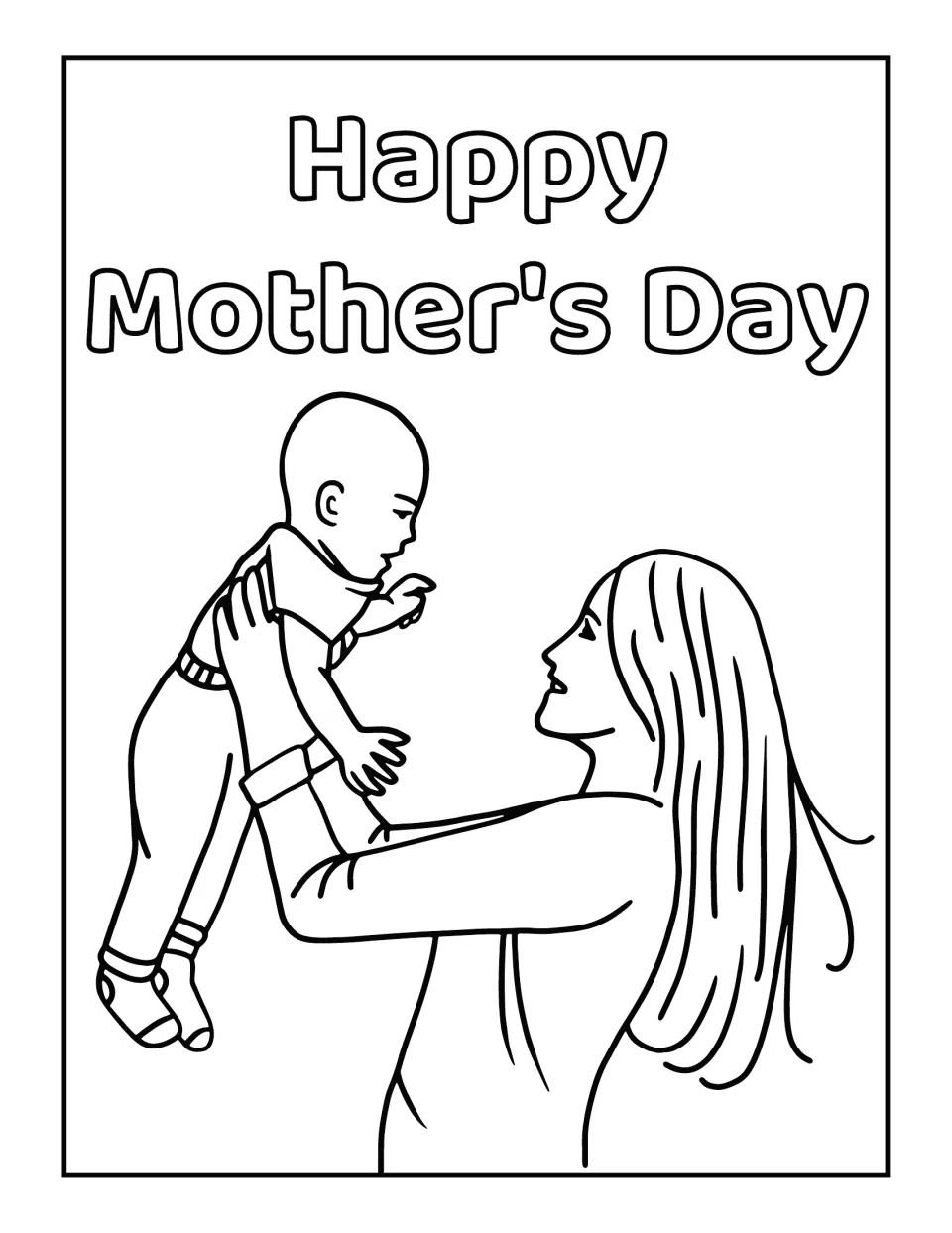 Mother's Day coloring sheet featuring a mother lifting a baby beneath the words 'Happy Mother's Day'