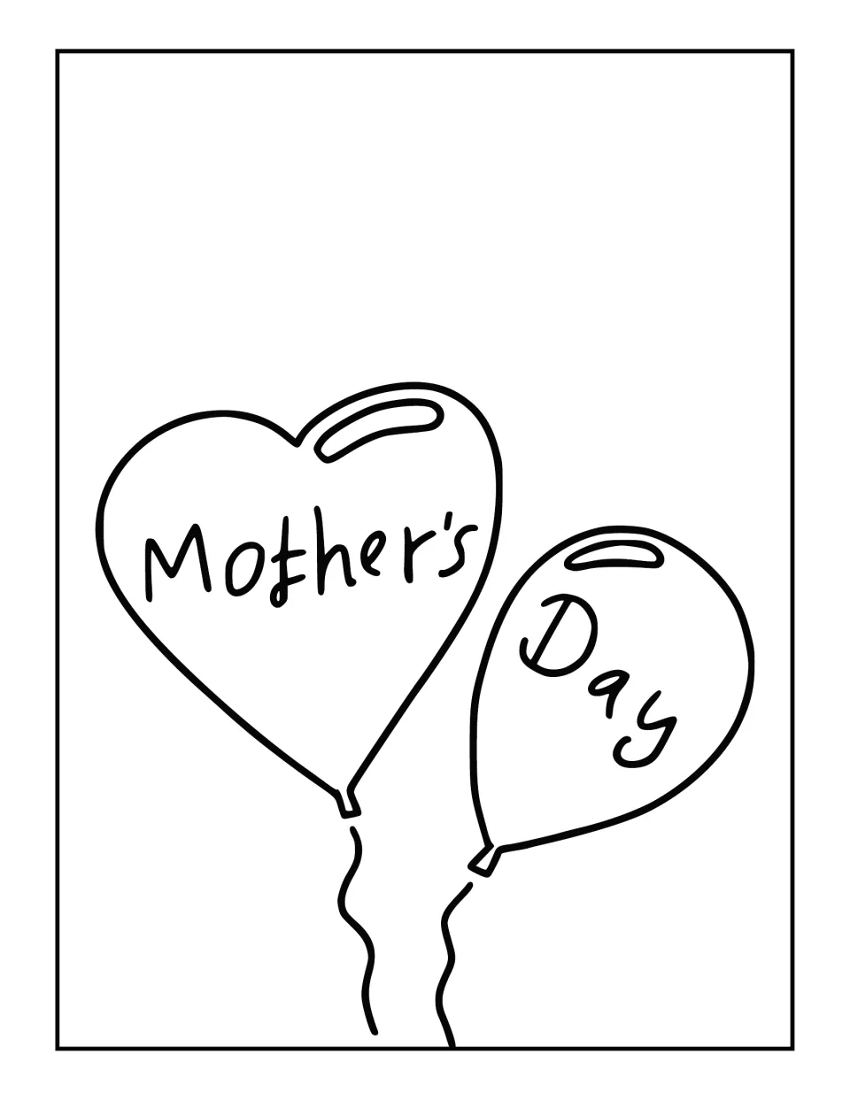 Mother's Day coloring sheet featuring two balloons: a heart labeled 'Mother's' and an oval labeled 'Day'