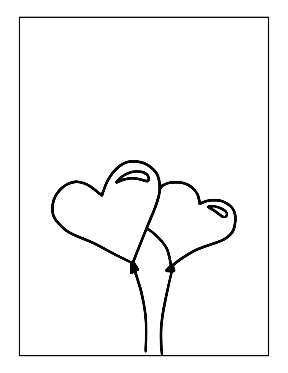 Mother's Day coloring sheet featuring two overlapping heart-shaped balloons with strings and no message