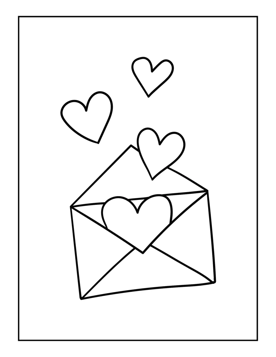 Mother's Day coloring sheet featuring an open envelope holding a large heart, with three hearts above