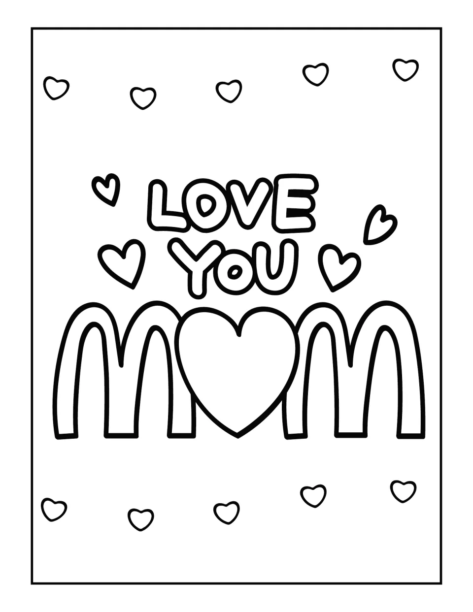Mother's Day coloring sheet reading 'LOVE YOU MOM,' with a large heart replacing the O and smaller hearts