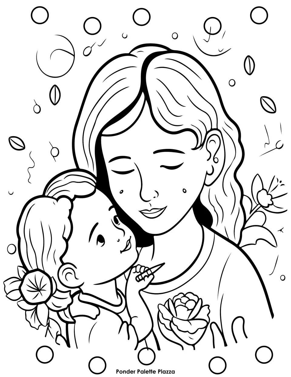 Mother's Day coloring sheet showing a child leaning against her mother, with a flower in the child's hair