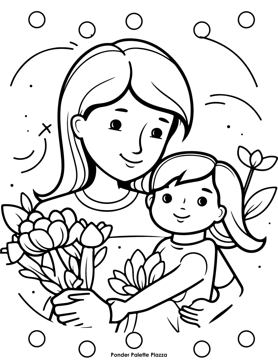 Mother's Day coloring sheet showing a mother holding her daughter as they hold a bouquet of flowers