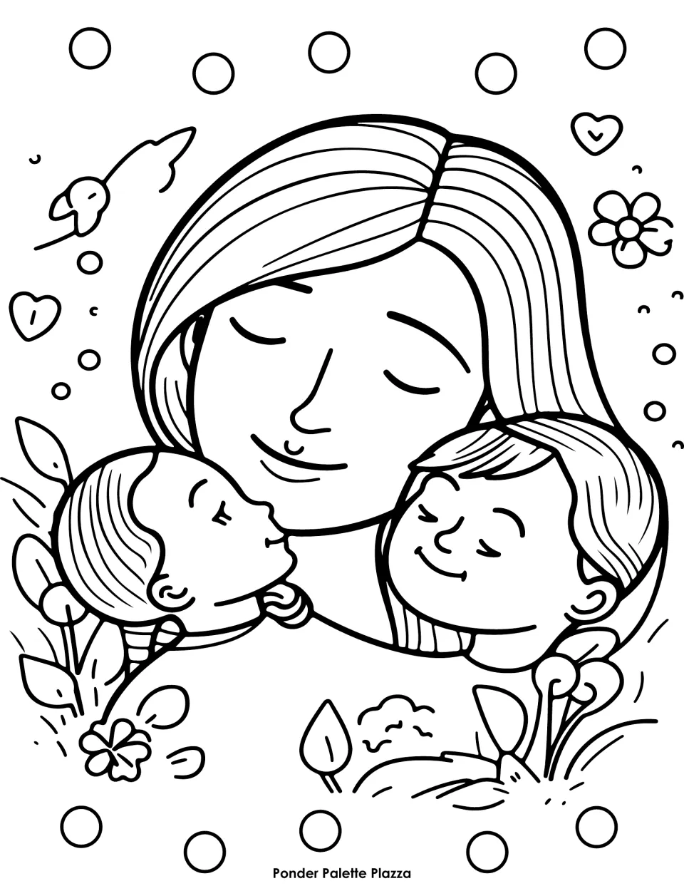 Mother's Day coloring sheet showing a mother cuddling two children, with flowers surrounding the family