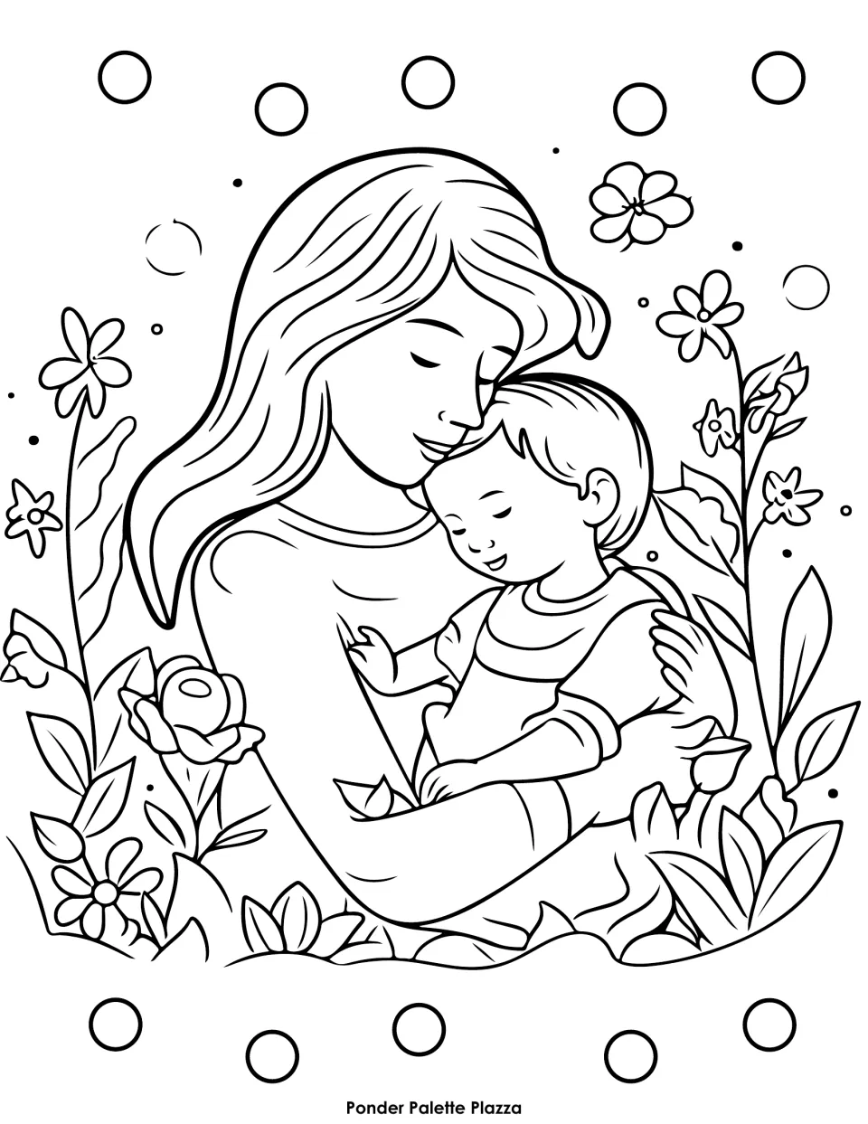 Mother's Day coloring sheet showing a mother cradling a young child among flowering stems and leaves