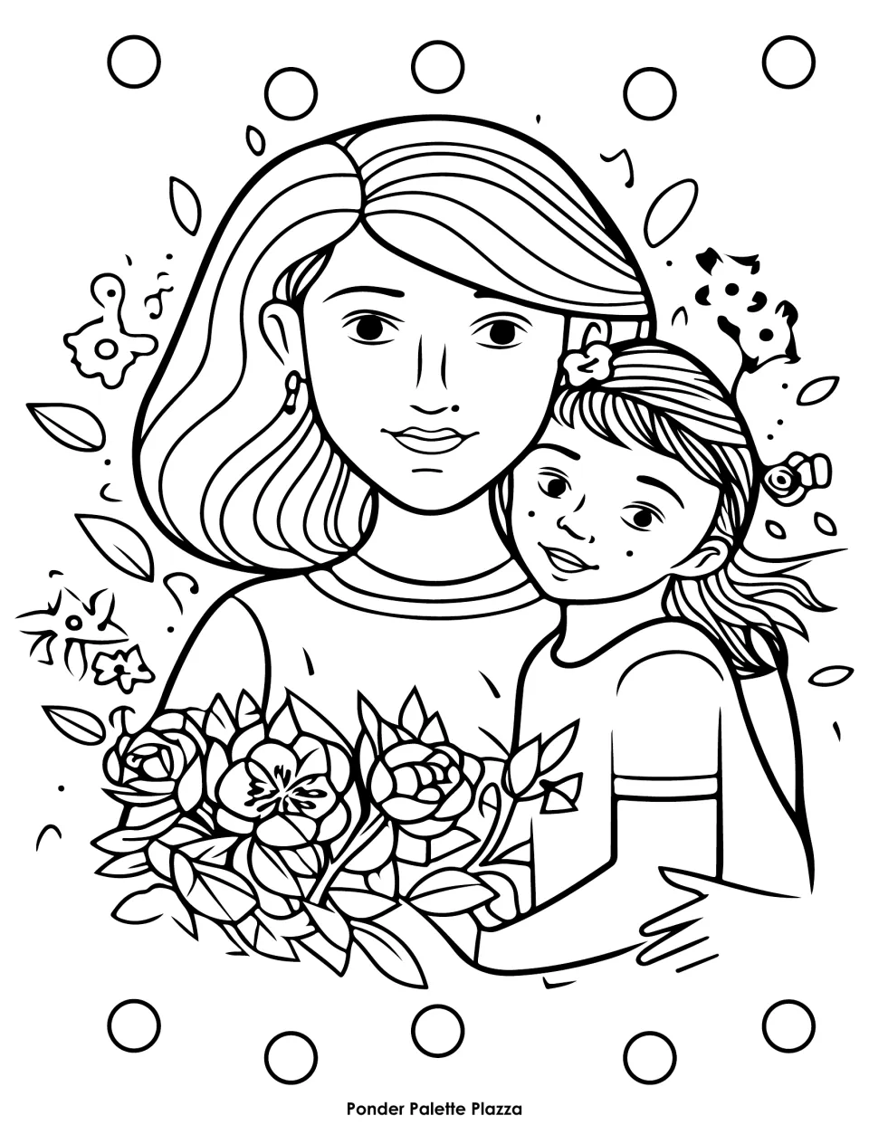 Mother's Day coloring sheet showing a daughter leaning against her mother beside a large flower bouquet