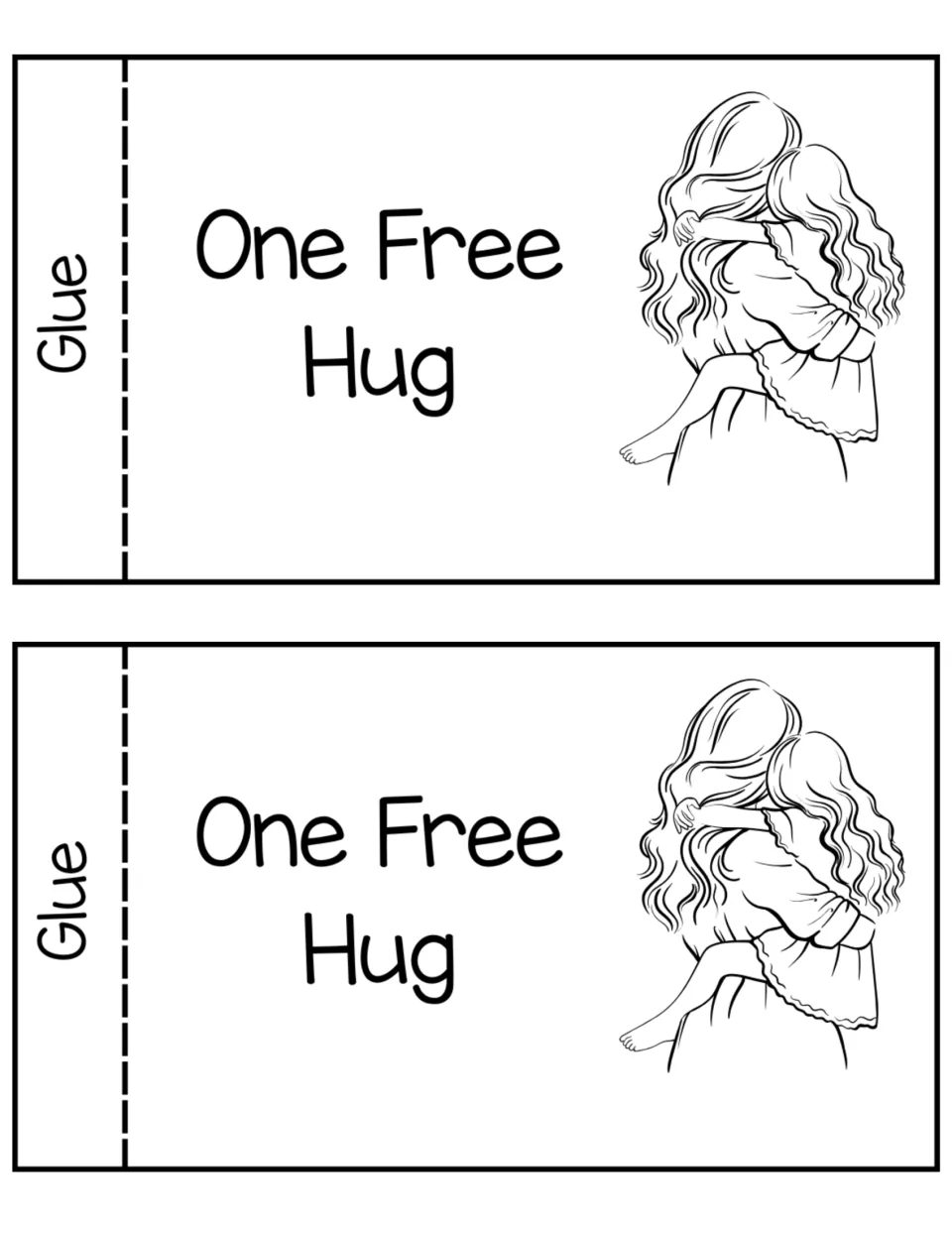 One Free Hug coupon, two copies to color and cut out, each with a glue tab and a drawing of a mother carrying her daughter