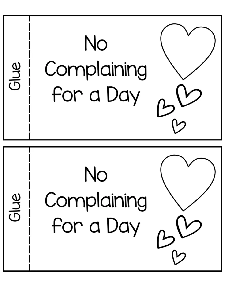 No Complaining for a Day coupon, two copies with glue tabs and outlined hearts that children color, cut out and stack