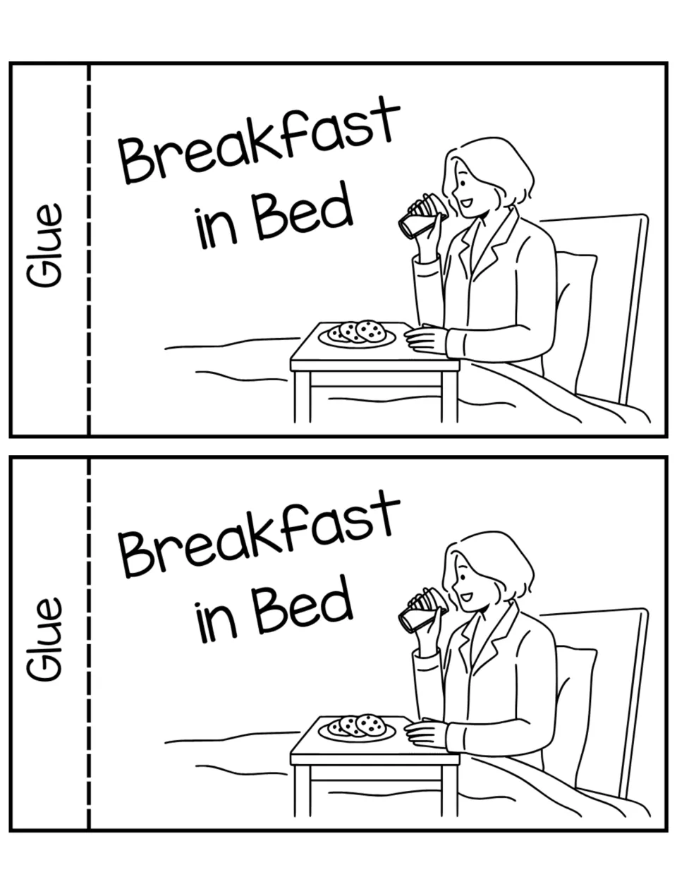 Breakfast in Bed coupon, two copies with glue tabs, showing a smiling woman in bed with a drink and a plate of cookies