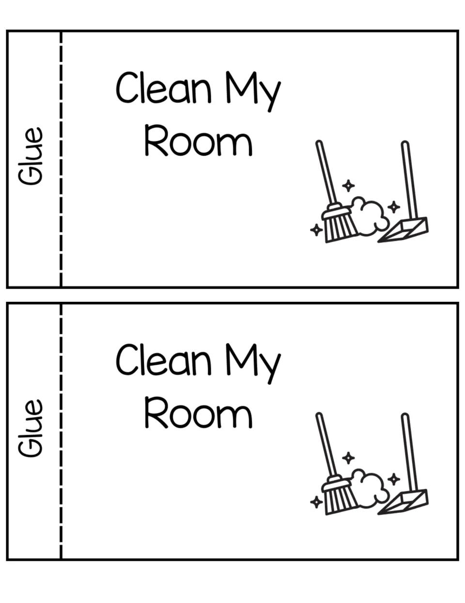 Clean My Room coupon, two copies with glue tabs and a broom and dustpan drawing for children to color and cut out