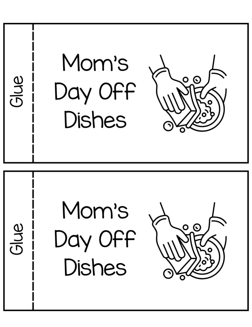 Mom's Day Off Dishes coupon, two copies with glue tabs and a drawing of gloved hands scrubbing a soapy plate