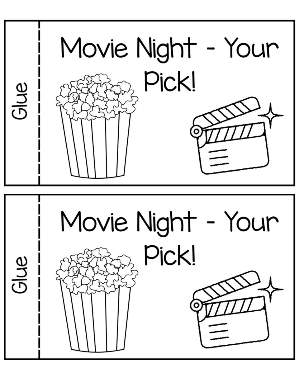 Movie Night - Your Pick! coupon, two copies with glue tabs, a popcorn bucket and a movie clapboard for children to color