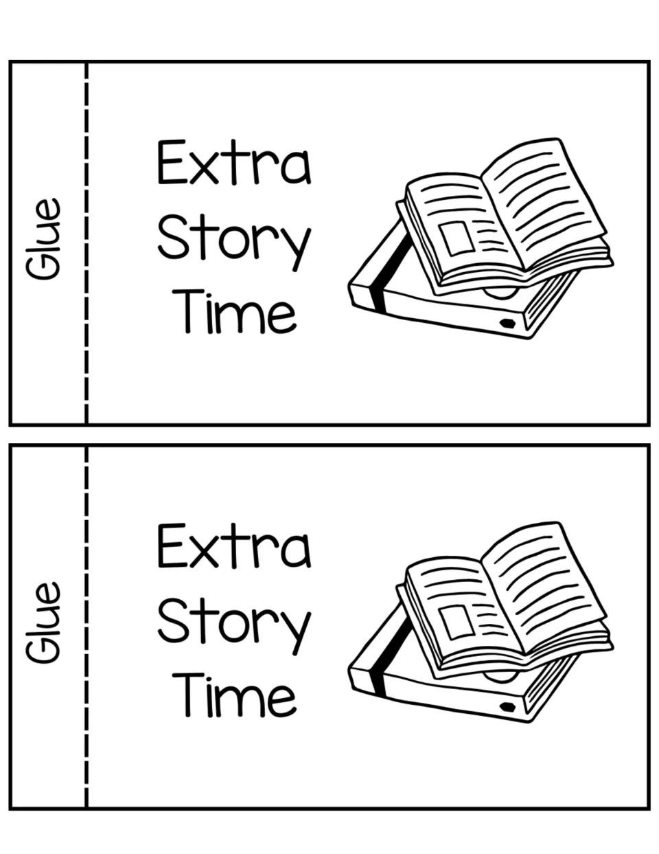 Extra Story Time coupon, two copies with glue tabs and open books stacked on a closed book to color and cut out