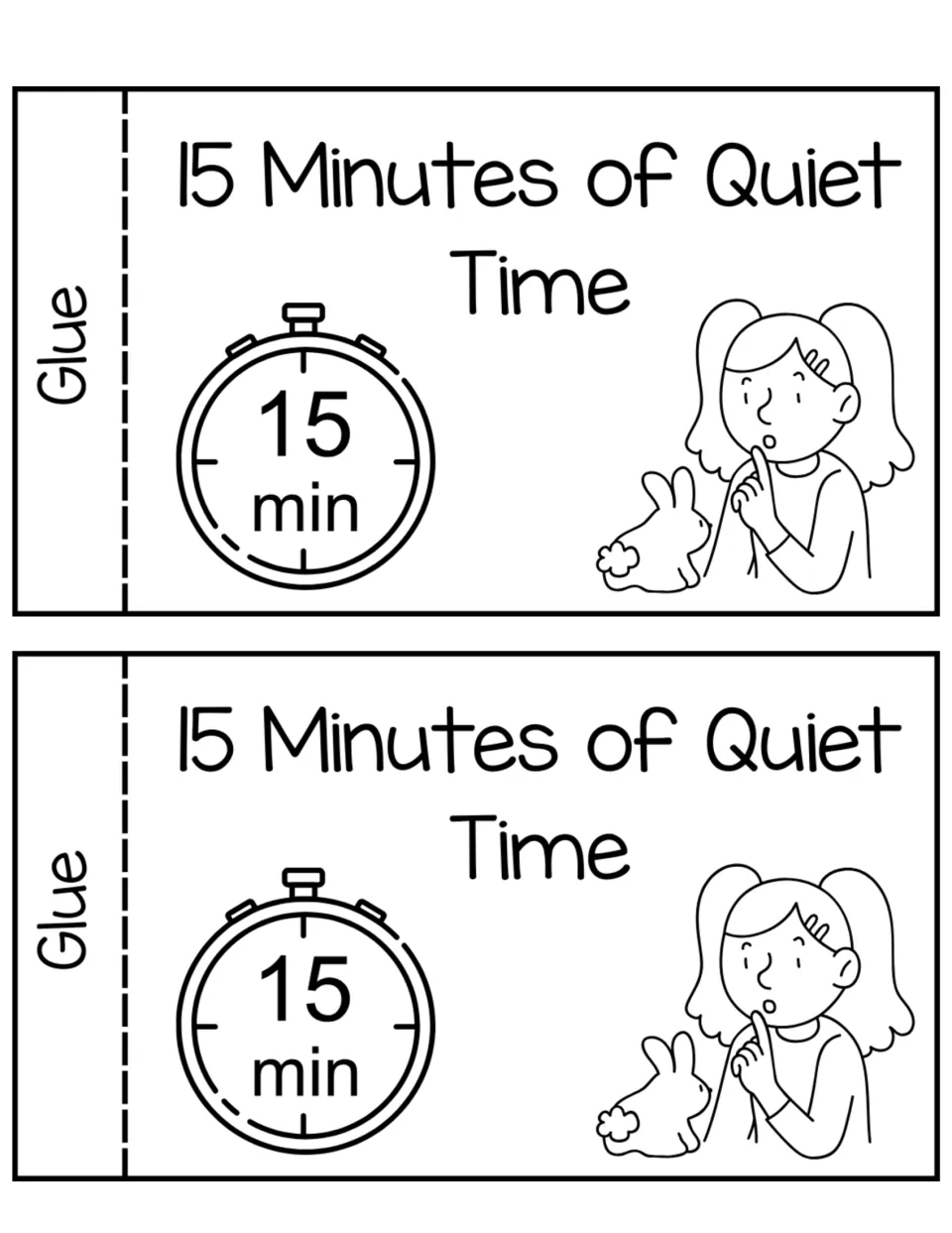 15 Minutes of Quiet Time coupon, two copies with glue tabs, a 15 min timer and a shushing girl beside a bunny