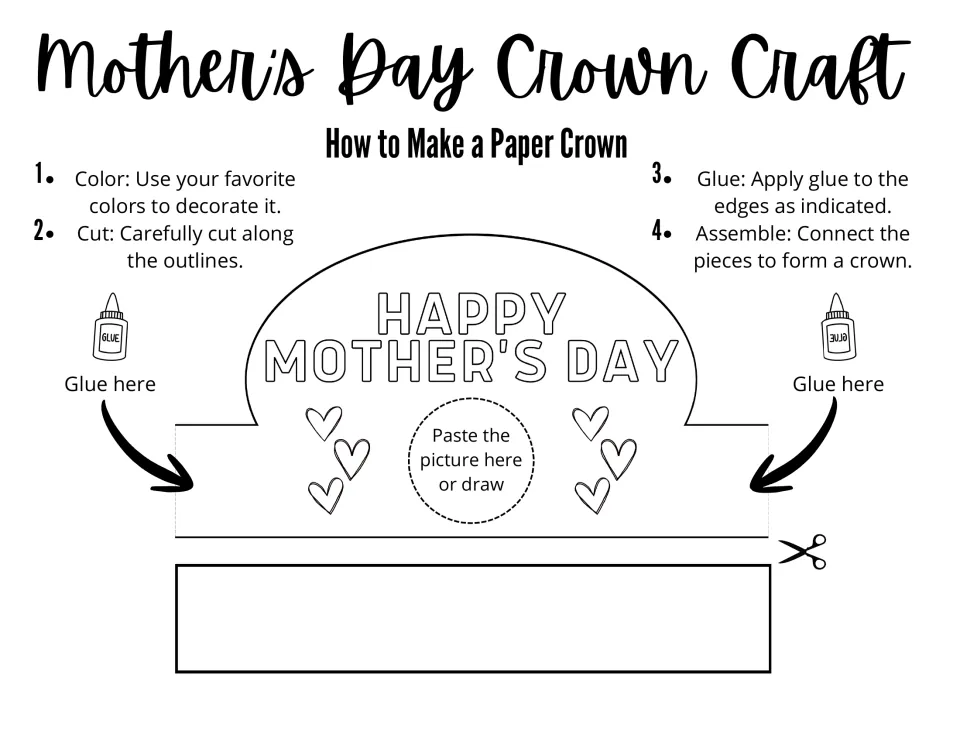 Mother's Day crown craft steps: color, cut, glue and assemble a Happy Mother's Day crown with a circle to paste a picture