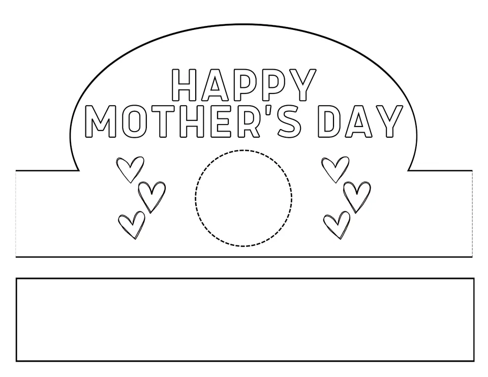 Happy Mother's Day crown template: students color outlined letters and hearts and add a photo or drawing in the circle