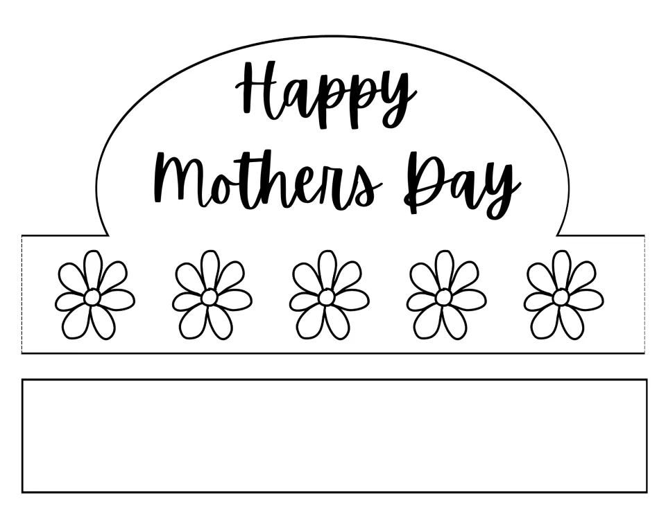 Happy Mothers Day flower crown template: students color the script greeting and five daisies, then cut out the band
