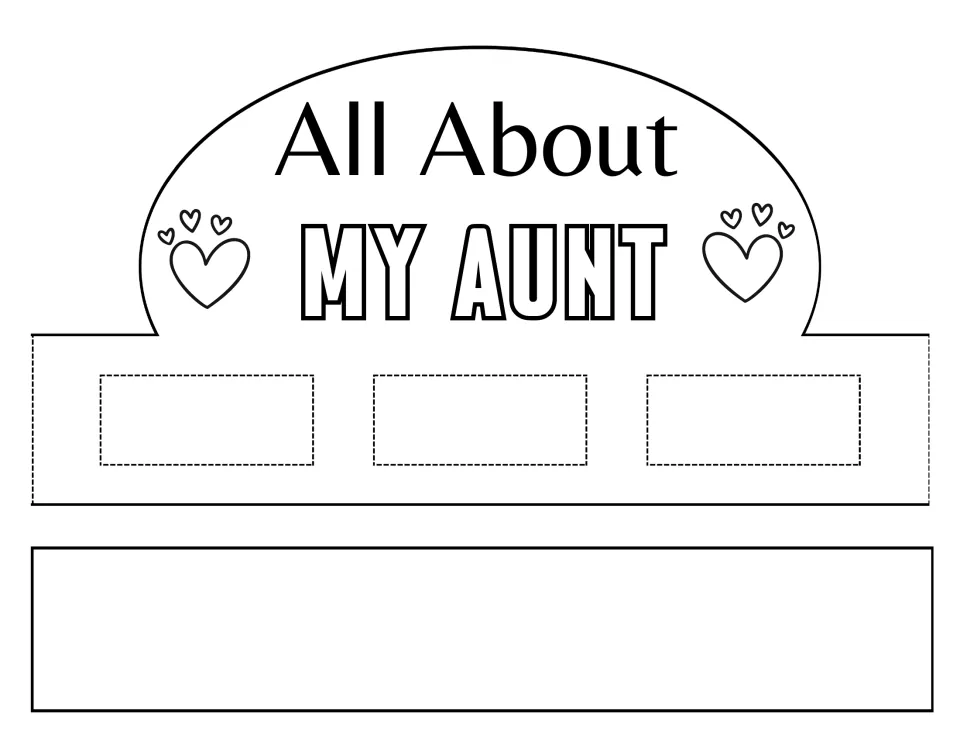 All About My Aunt crown: three dashed spaces for students to write about their aunt, with hearts to color before cutting