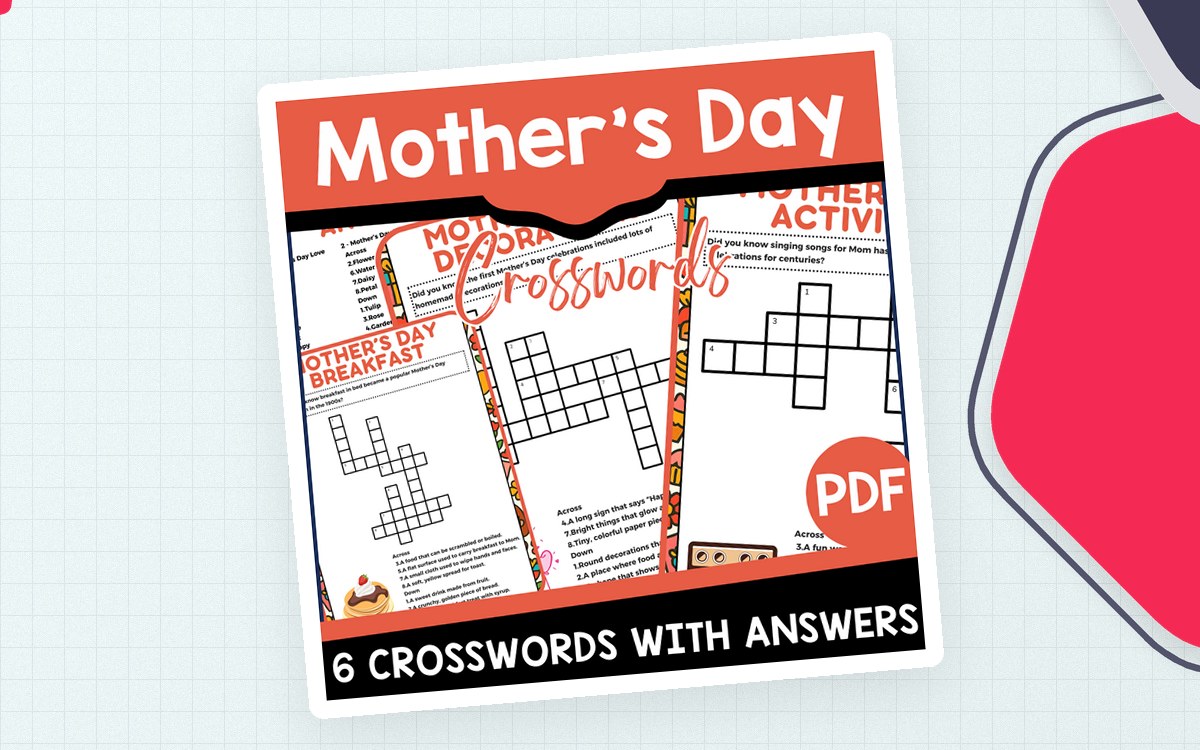 Mother's Day Crosswords cover with three sample puzzle grids and a label stating six crosswords with answers