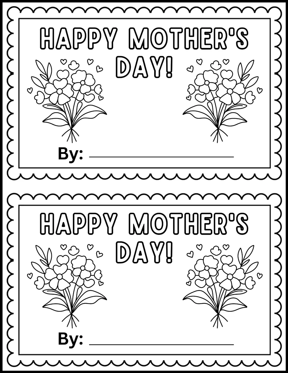 Mother's Day mini book cover reading Happy Mother's Day! with flower bouquets to color and a By: line for the child's name